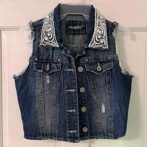 Women’s Distressed Ripped Denim Jean Jacket Vest with Crochet Details